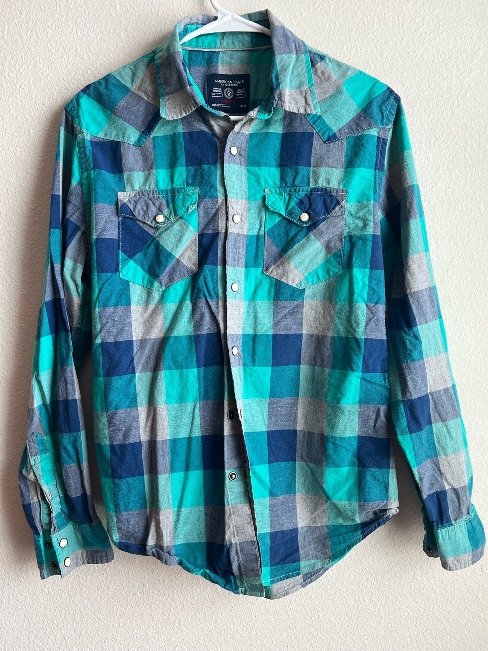 American Eagle Outfitters Teal & Navy Plaid Men's Western (Snap) Button-Up Shirt